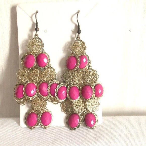 Cascadings Faceted Pink Filigree Gold Diamond Dangle Earrings - Picture 2 of 6